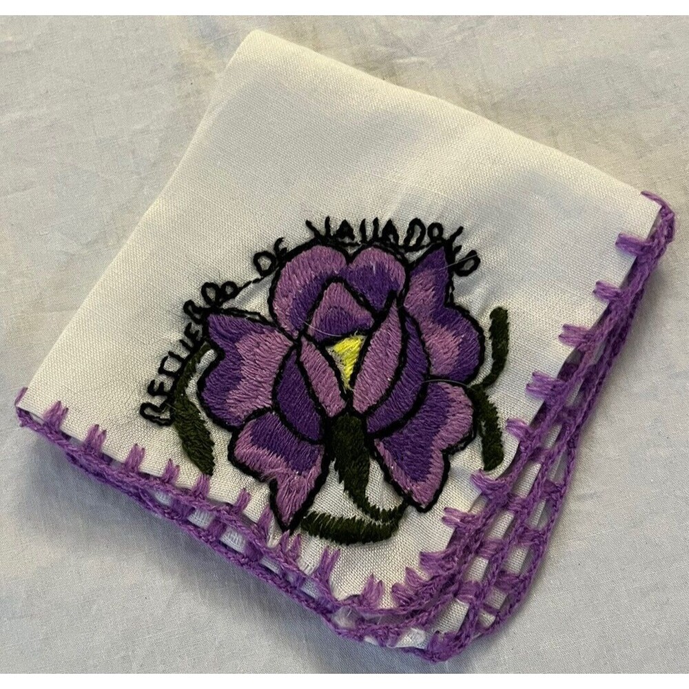 Handkerchief Pocket Square Vintage 90s Handmade Embroidered Floral White Purple